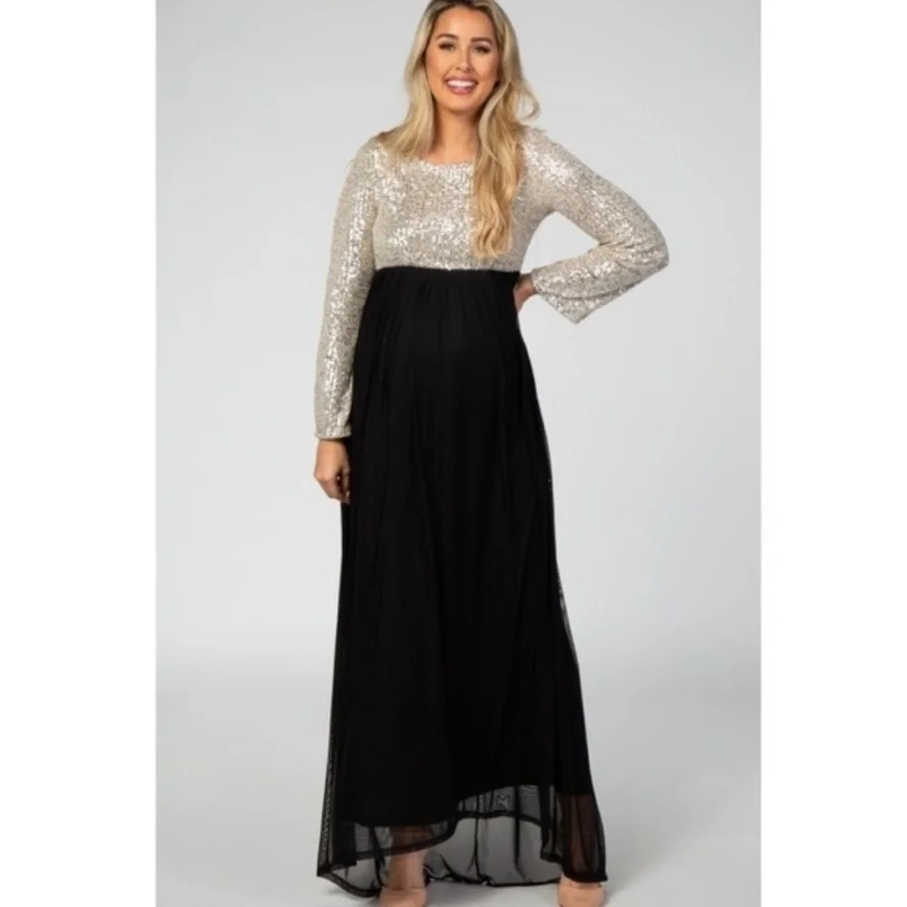 PinkBlush‎ sequin bodice long sleeve maxi dress NWOT